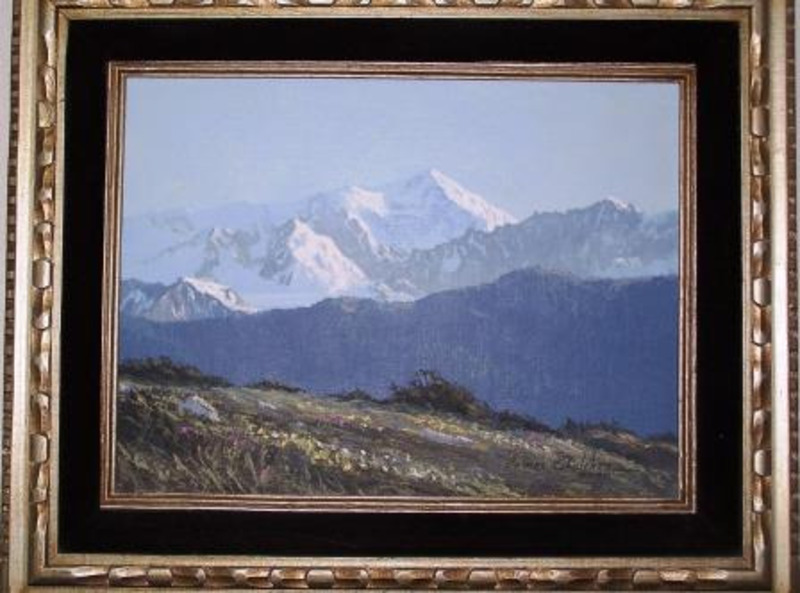 Painting showing a high meadow covered by spring flowers with snow covered mountains in the background.