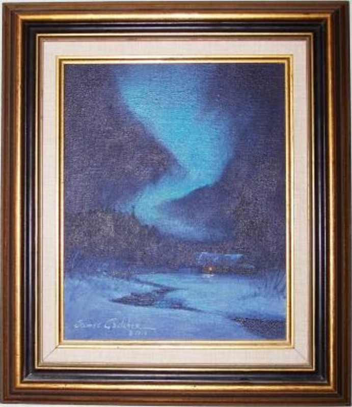 Painting of a dark snow covered landscape at night with a light burning in a solitary cabin.