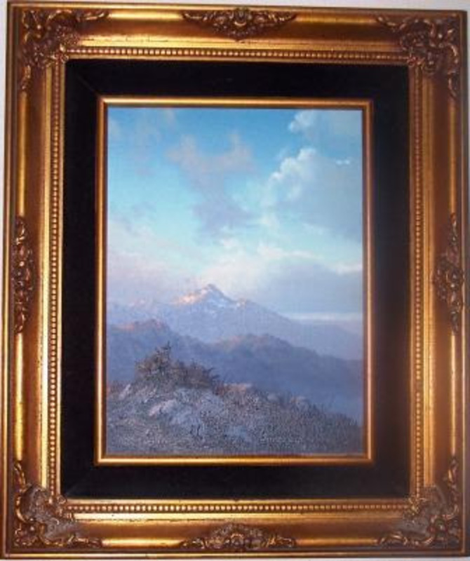 Painting depicting a landscape of mountains with a blue sky and clouds.