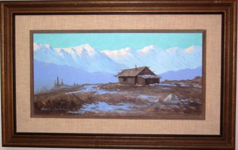 Painting showing a cabin surrounded by water and mud with a background of snow covered mountains in the distance.