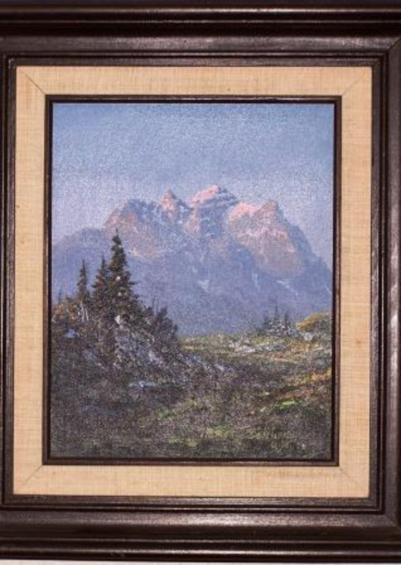 Painting showing a high meadow with snow dotting the grasses and trees with a snow capped mountain in the background.