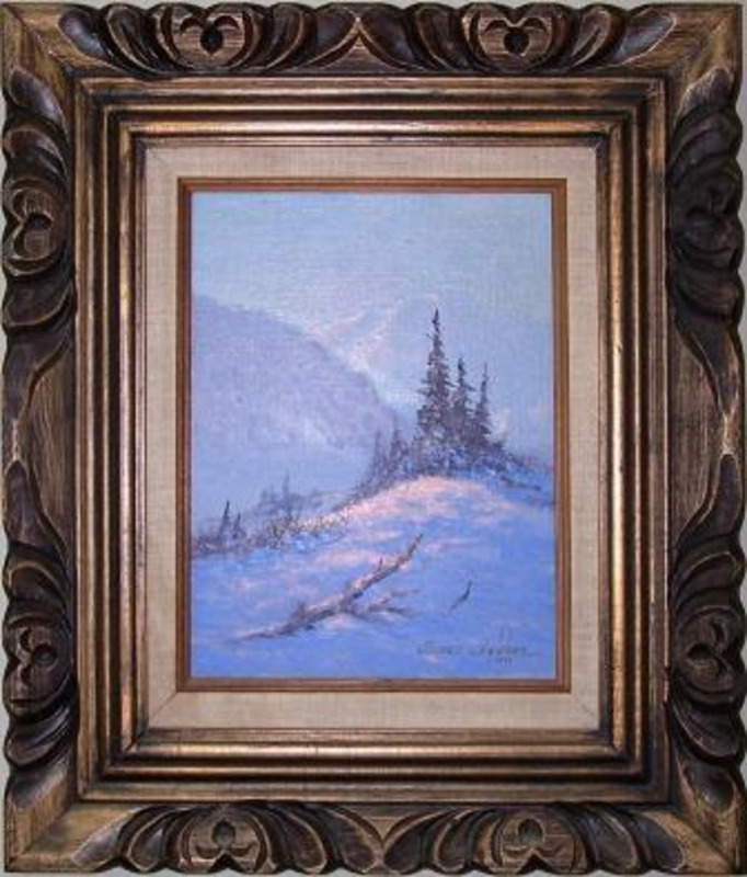 Painting showing snow mountains with trees and hills in the foreground.