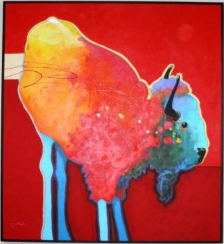 Painting showing the silhouette of a bison filled with shades of red, orange, blue, and green.