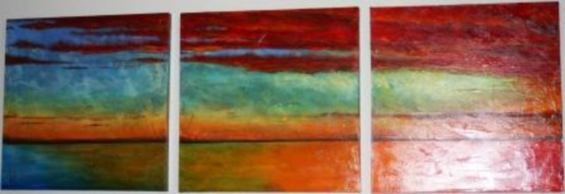 Three panel painting depicting the ocean and clouds stretching toward horizon.
