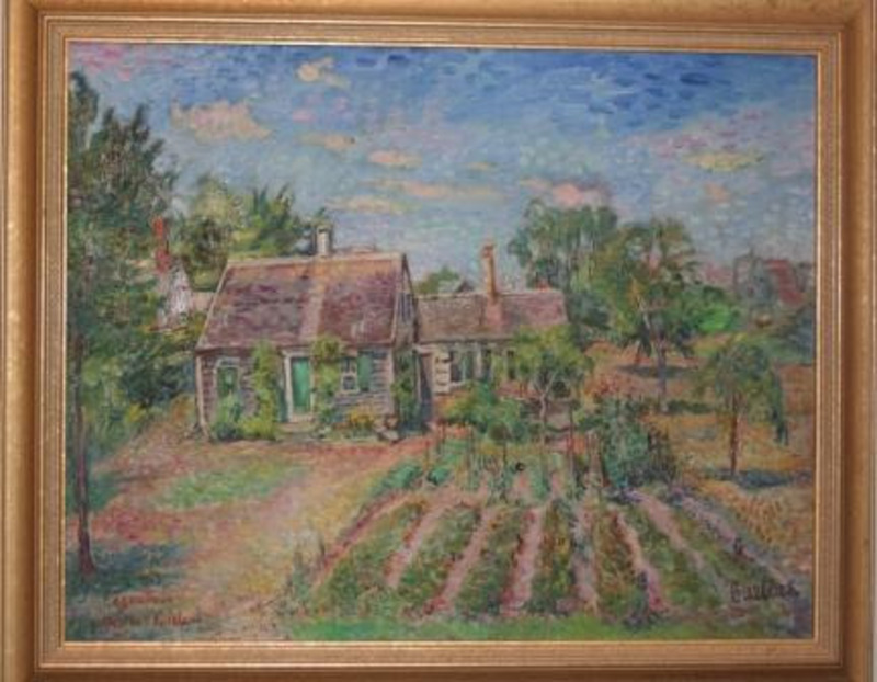 Painting showing a house surrounded by fields and trees in Edgartown, Martha's Vineyard Island The painting has some crackle in the paint and the canvas shows some buckling.