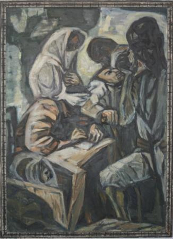 Painting depicts five people covered and obscured in different fashions.