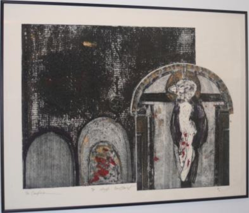 Collagraph print using black, red, and gold to depict a bird-like figure and dark walls. Displayed using an off-white matte in a black metal frame.