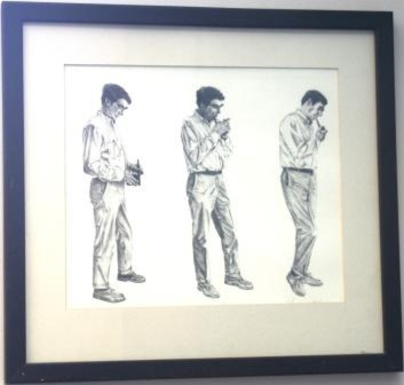 Print of three images of a man holding, lighting, and then smoking a pipe. The print is displayed using a white matte in a black frame.