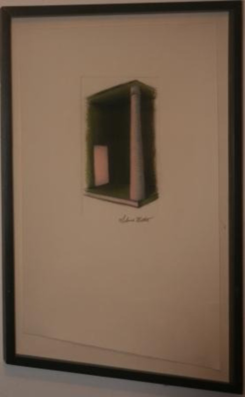 Pastel drawing of a room with green walls and a pink pillar and door displayed with a white matte and dark frame.
