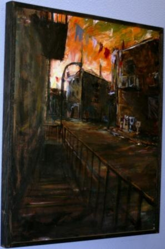 Painting depicting dark city street under a bright red sky.