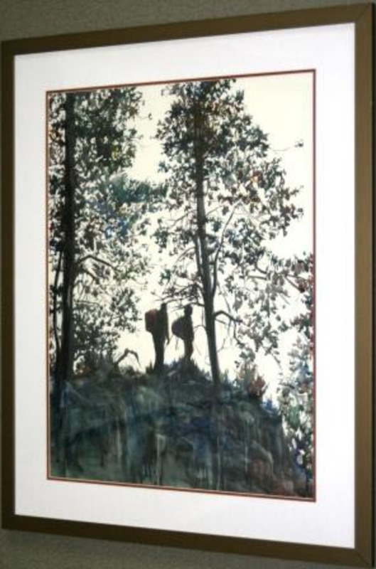 Painting of two hikers in the woods silhouetted against a bright background. The painting is displayed using red and white mattes and a black frame.