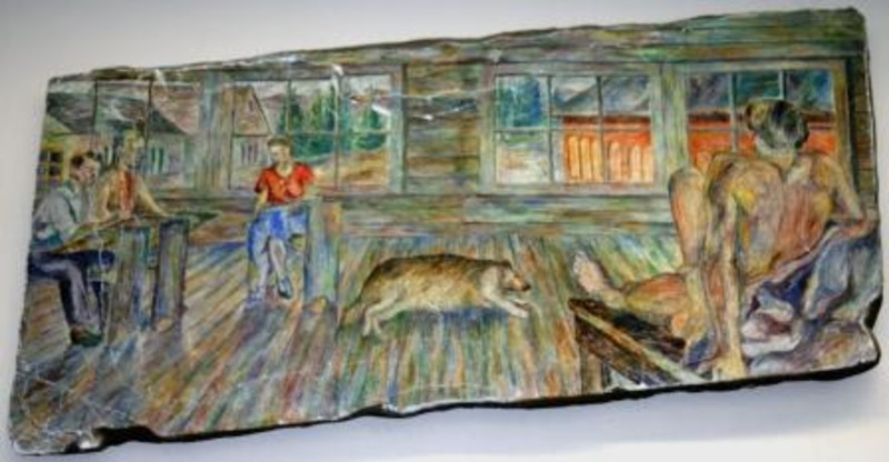 Fresco mural showing three students drawing a nude male as a dog rests on the wooden floor.