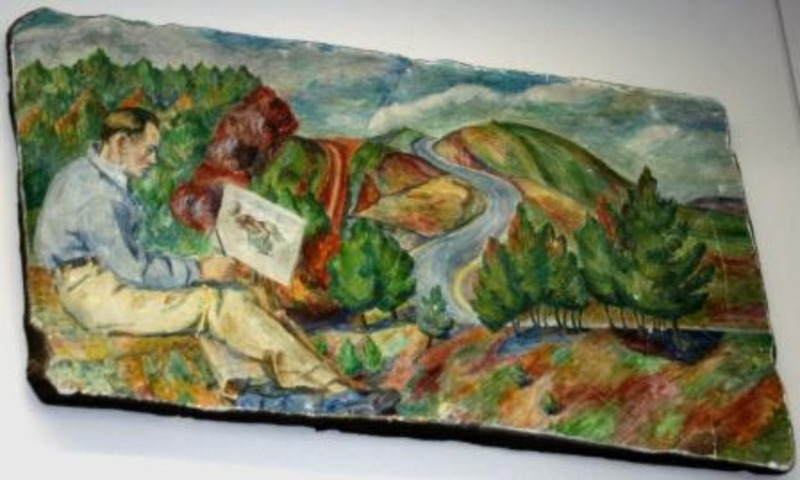 Fresco mural showing a man outdoors painting a colorful landscape of forests, hills, and a river.