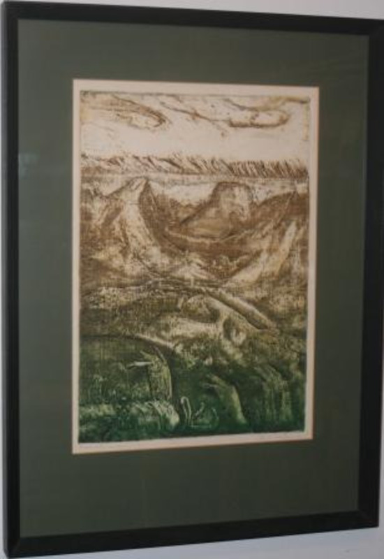 Print using a gradient of green and brown to show a landscape of mountains.