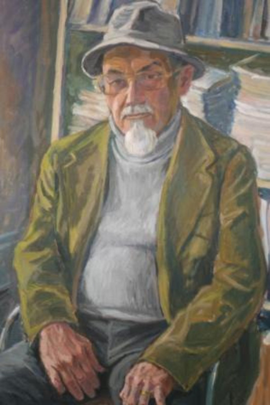 Portrait Painting of a white bearded man wearing a hat, glasses, and a green jacket seated in front of a shelf stacked with materials.