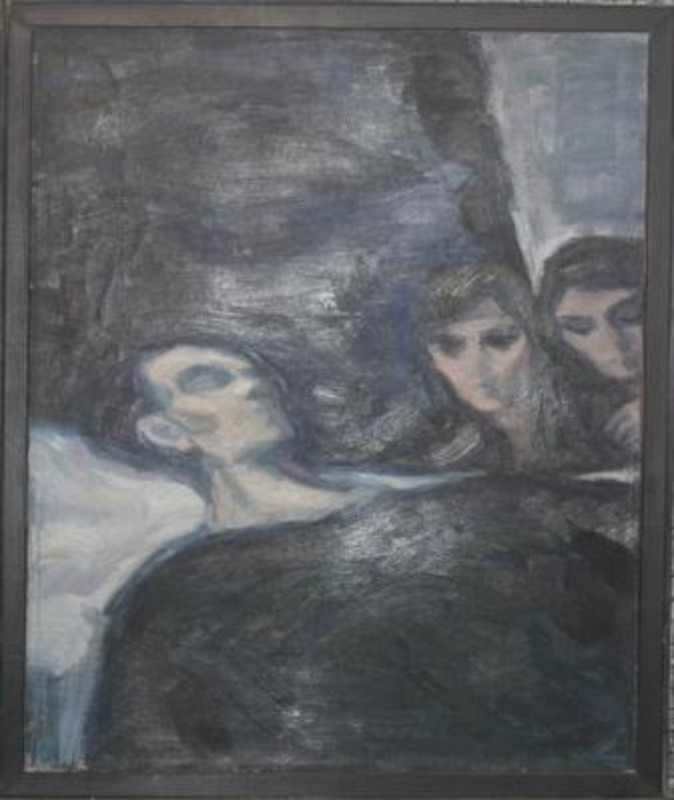 Painting showing a man in black garb lying in repose with two women standing above him.