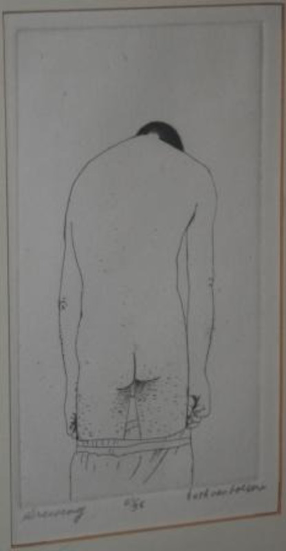 Print of a nude male figure viewed from the back. Framed using a cream matte. The print is labeled "21/35"