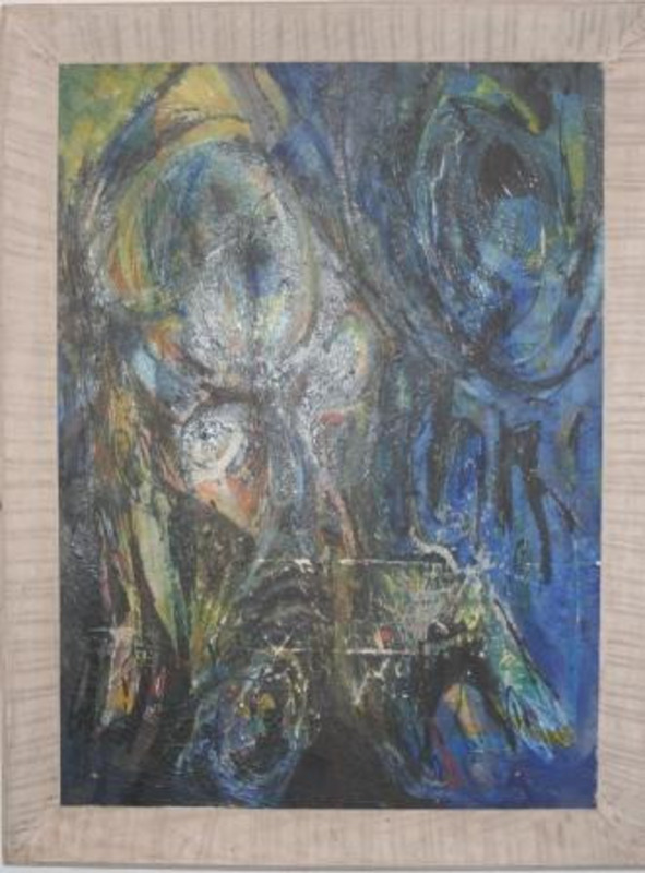 Painting displaying an abstract figure using shades of blue, black, yellow, and green.