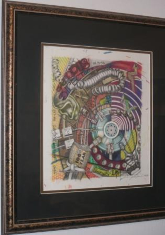 Abstract image of a phone book created using colored pencils. Displayed in a decorative gold frame.