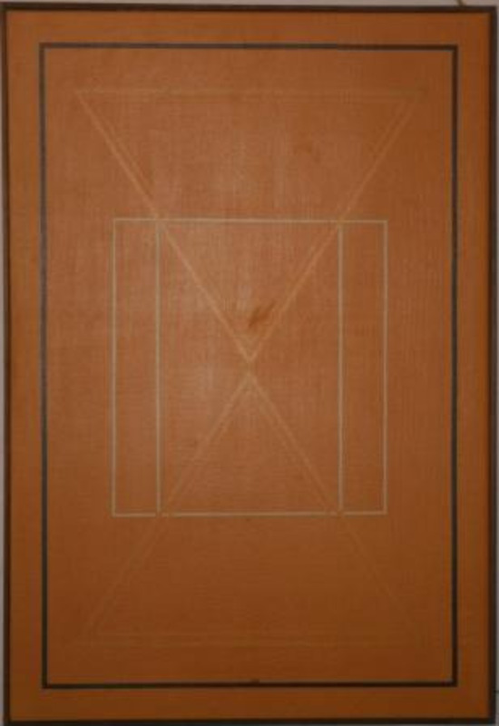Painting of two triangles opposite each other intersecting with two overlapping squares.