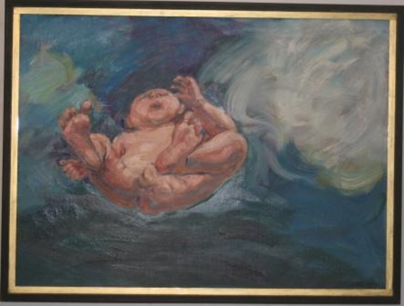 Painting of a nude male child floating among clouds in a dark blue sky.
