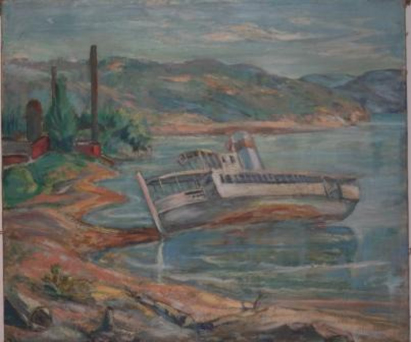 Painting of a boat aground near the shore of a lake with red buildings and mountains visible in the background.