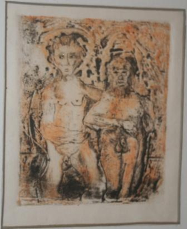 Print depicting two nude males. Framed using a white matte.