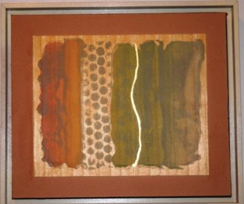 Lithograph using linoleum with hand applied gold leaf. Framed using a peach matte.