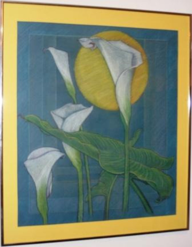 Conte depicting  four lilies with the sun in the background. Framed using a yellow matte.