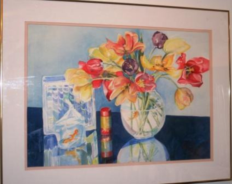 Painting of a tulip filled vase on a reflective surface next to a container of fish food, a square glass container, and a goldfish in a bag filled with water.