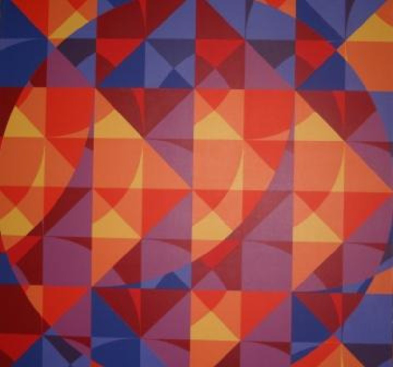 Painting of abstract geometric shapes interacting in patterns based on circles and triangles.