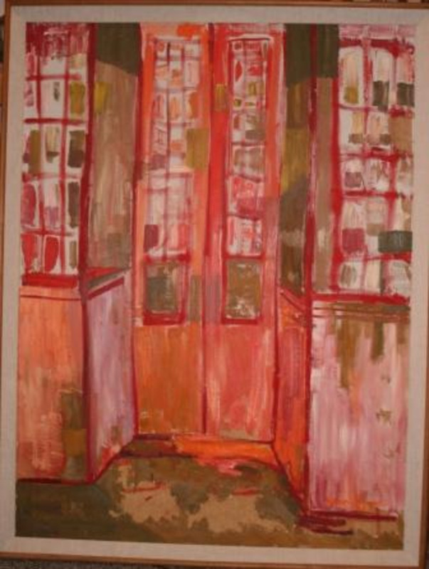 Painting of abstracted doors and windows painted in shades of red and orange.
