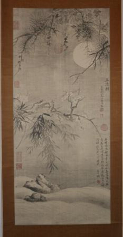 Print showing blossom covered branches above a landscape with Chinese characters mounted to a tan scroll.