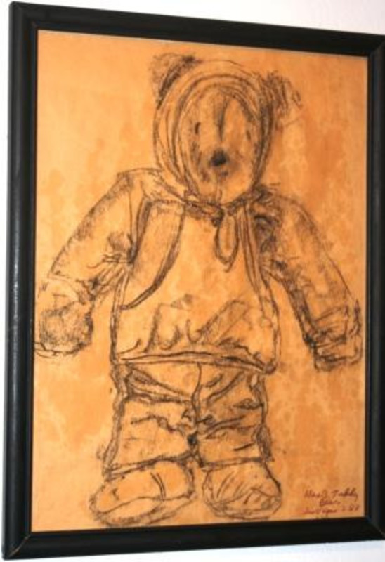 Crayon drawing of a bear wearing a hoodie on brown paper. Framed without using a mat.
