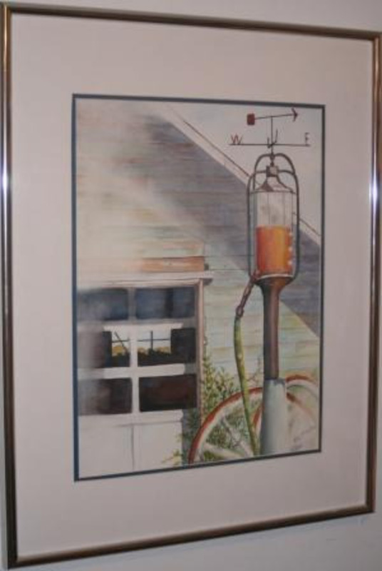 Painting of a weather vane topped gas pump in from of a painted barn.