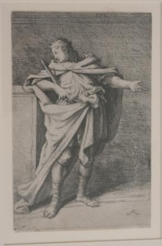Etching of a toga clad man pointing to his left.