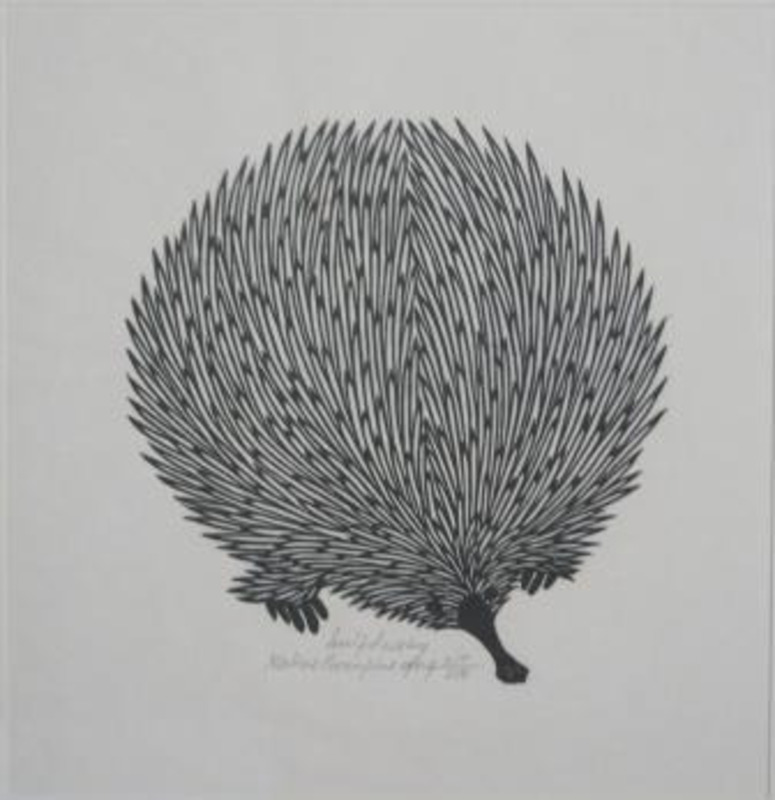 Woodcut print of a porcupine made from abstract geometric spines.