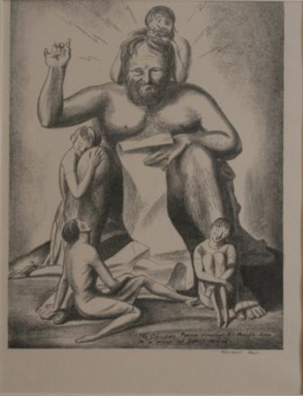 Lithograph of a large God-like central figure surrounded by four smaller women.