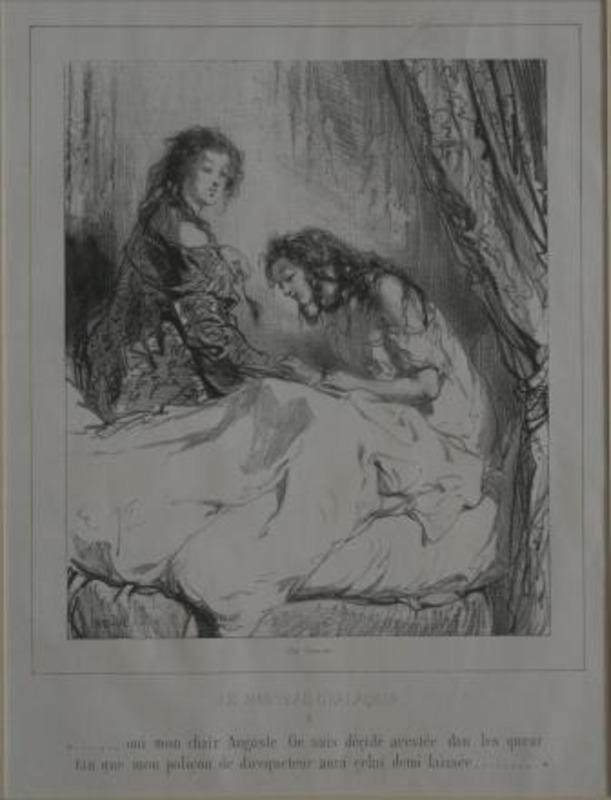 Lithograph of two women in sitting on a bed writing in a journal.