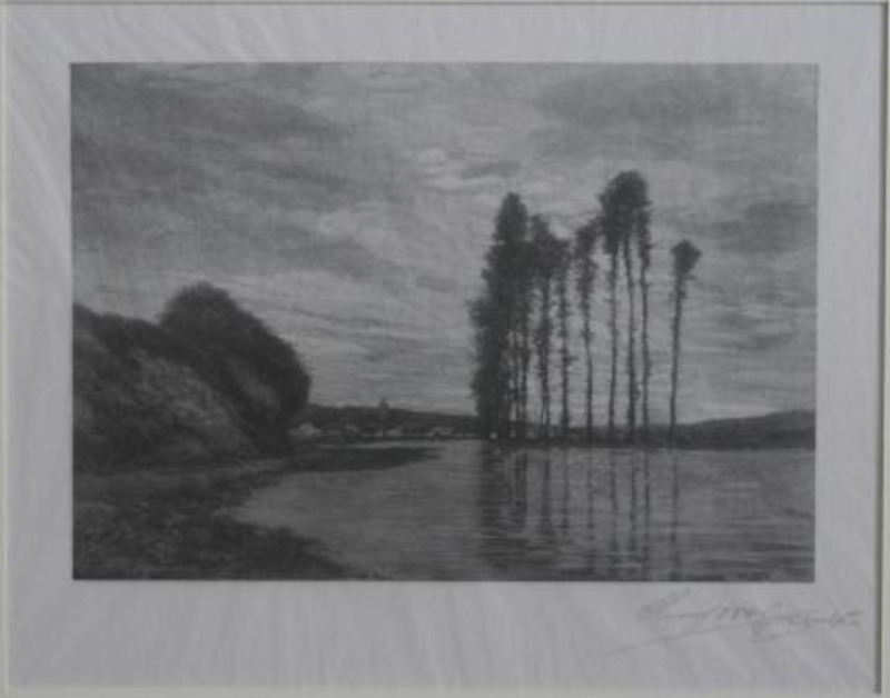 Wood engraving of a river embankment in the style of Homer Martin. Signed by Shirley Caldwell