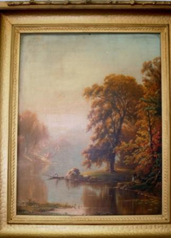 Painting of a small boy in boat on still water while another small boy sits under autumnal trees.