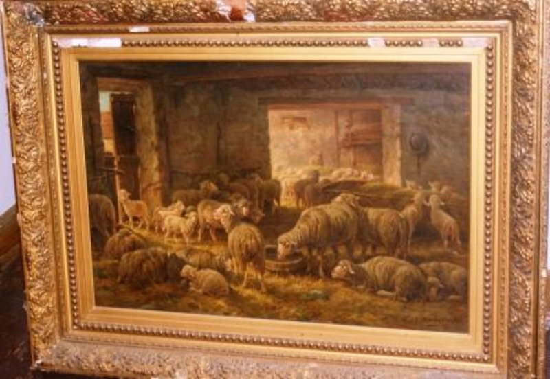 Painting showing a herd of sheep in a barn. The frame is damaged and shows severe cracking.