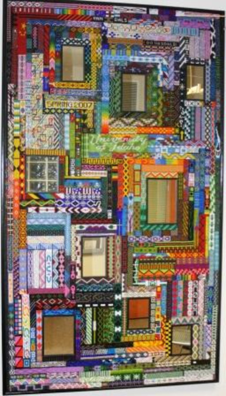 Mixed media collage using swatches of beads and mirrors together.