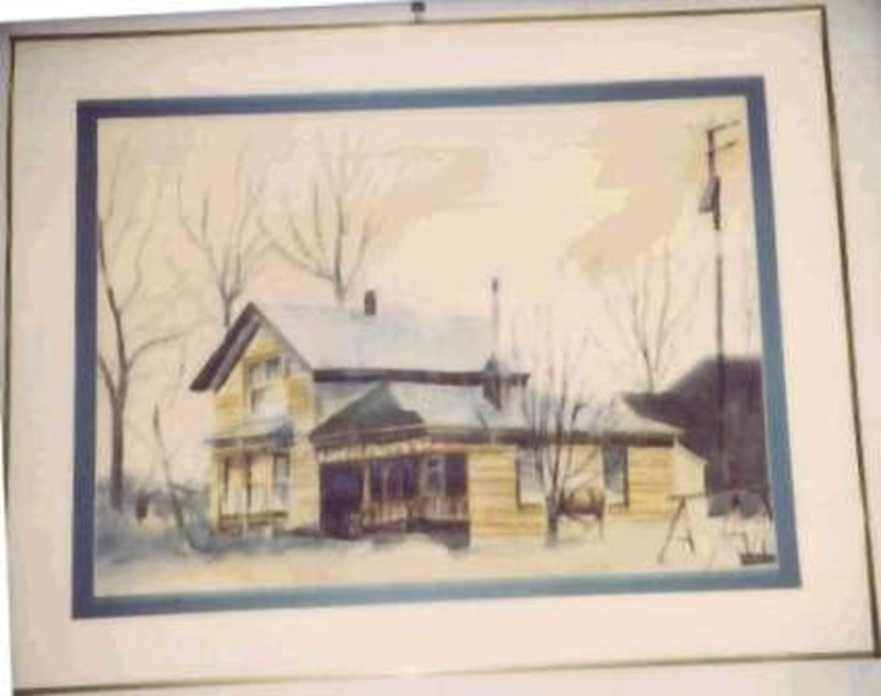 Painting of an old house with bare trees.