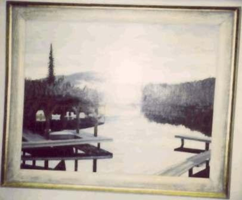 Landscape painting of a waterfront with piers and buildings.