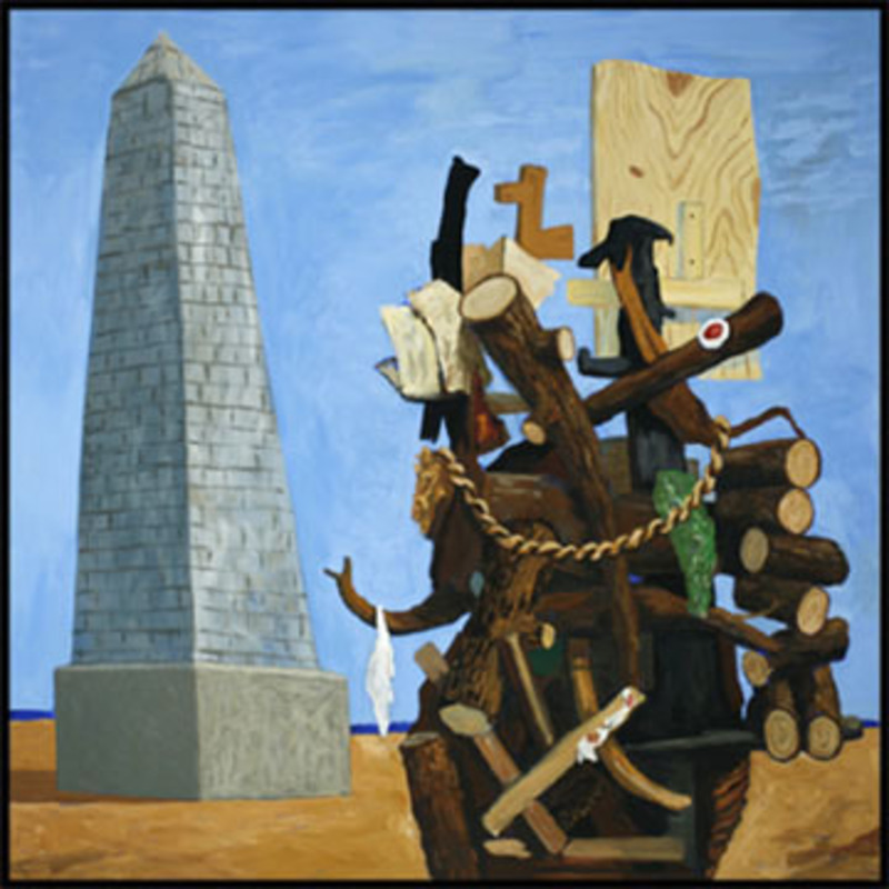 Painting of a stone monument next to a wood monument.
