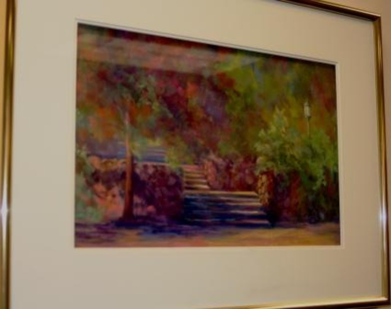 Painting showing an outdoor stair path surrounded by bushes and trees on either side.