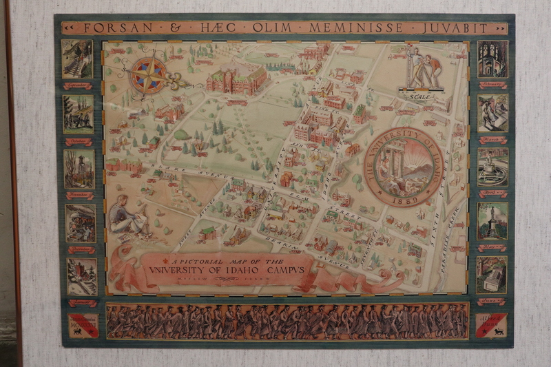 Watercolor map of the University of Idaho campus in 1936. A banner at the top reads "FORSAN & HAEC OLIM MEMINISSE JUVABIT" and the painting is labeled "A pictorial Map of the University of Idaho of Idaho Campus Moscow Idaho".