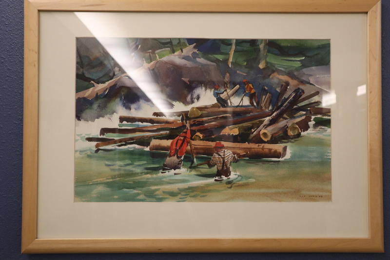 Painting showing four people working together to break apart a large log jam on a river.