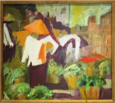 Painting depicting a Vietnamese market scene with three people and crates of produce.